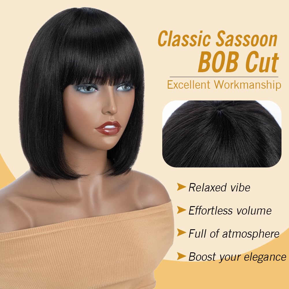 Human Hair Wigs for Women Brazilian Virgin Hair Straight Short Bob Wig with Bangs Glueless Machine Made 150% Density (1B, 10 inches) - Image 2