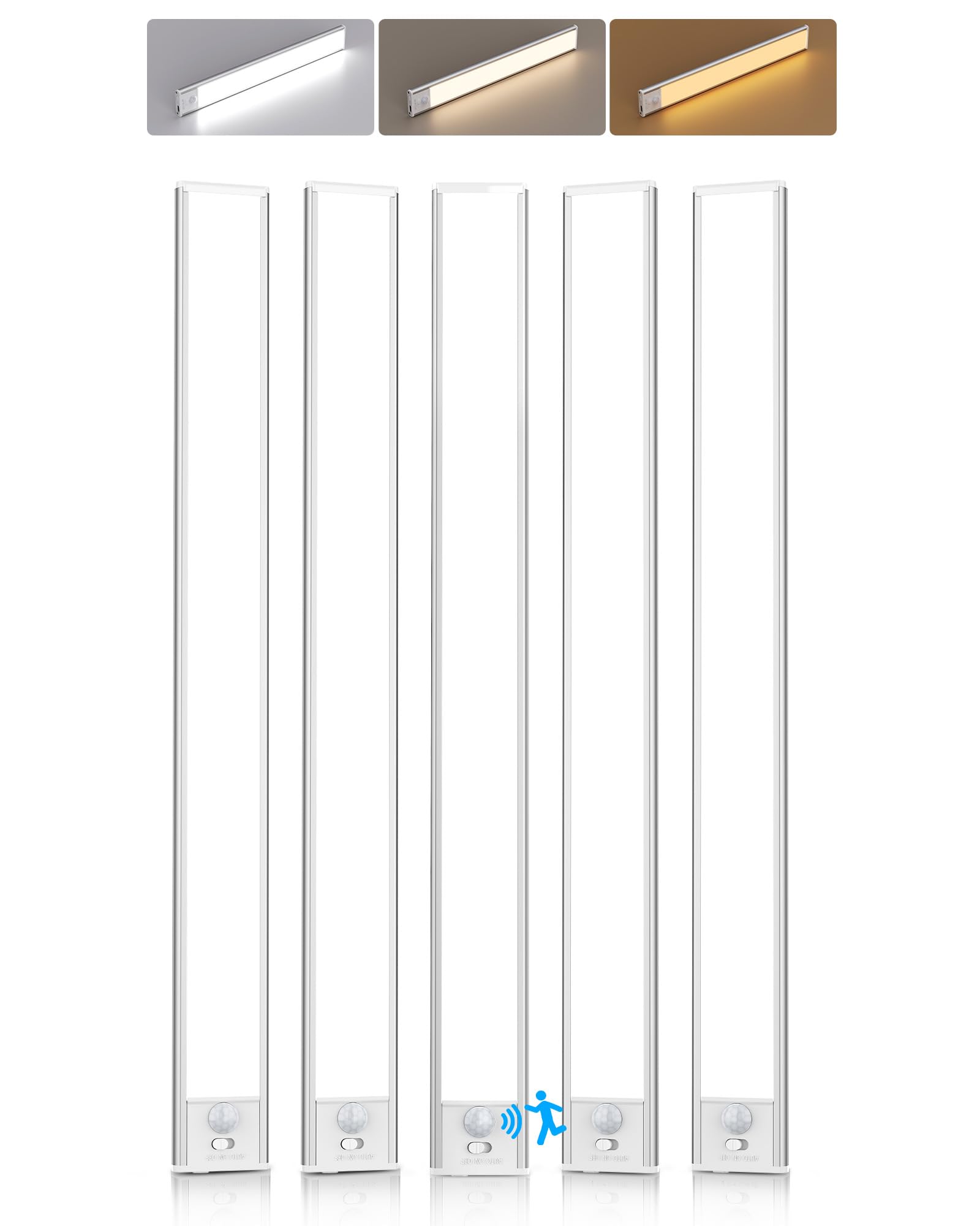 Unterbauleuchte Küche LED, 40 cm Bewegungsmelder Licht, 5 Stück | 2200mAh, 74LEDs, USB-Ladung,3 Farbtemperaturen & 5 dimmbare Helligkeit,Magnetsaugeinstallation,für Kleiderschrank, Küche