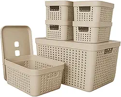 Kit 6 Caixas Organizadoras com Tampa 2L 4,5L 17L Plástico Resistente Empilhável Quarto Cozinha Escritório Brinquedos (BEGE)