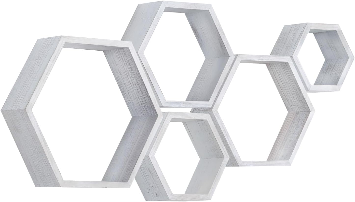 PHOENANCEE Hexagon Floating Shelves,Wall Mounted Wood Farmhouse Storage Honeycomb Wall Shelf Set of 5,for Bathroom, Kitchen, Bedroom, Living Room,Office,Driftwood Finish (Weathered White) 5PCS Rustic Weathered White