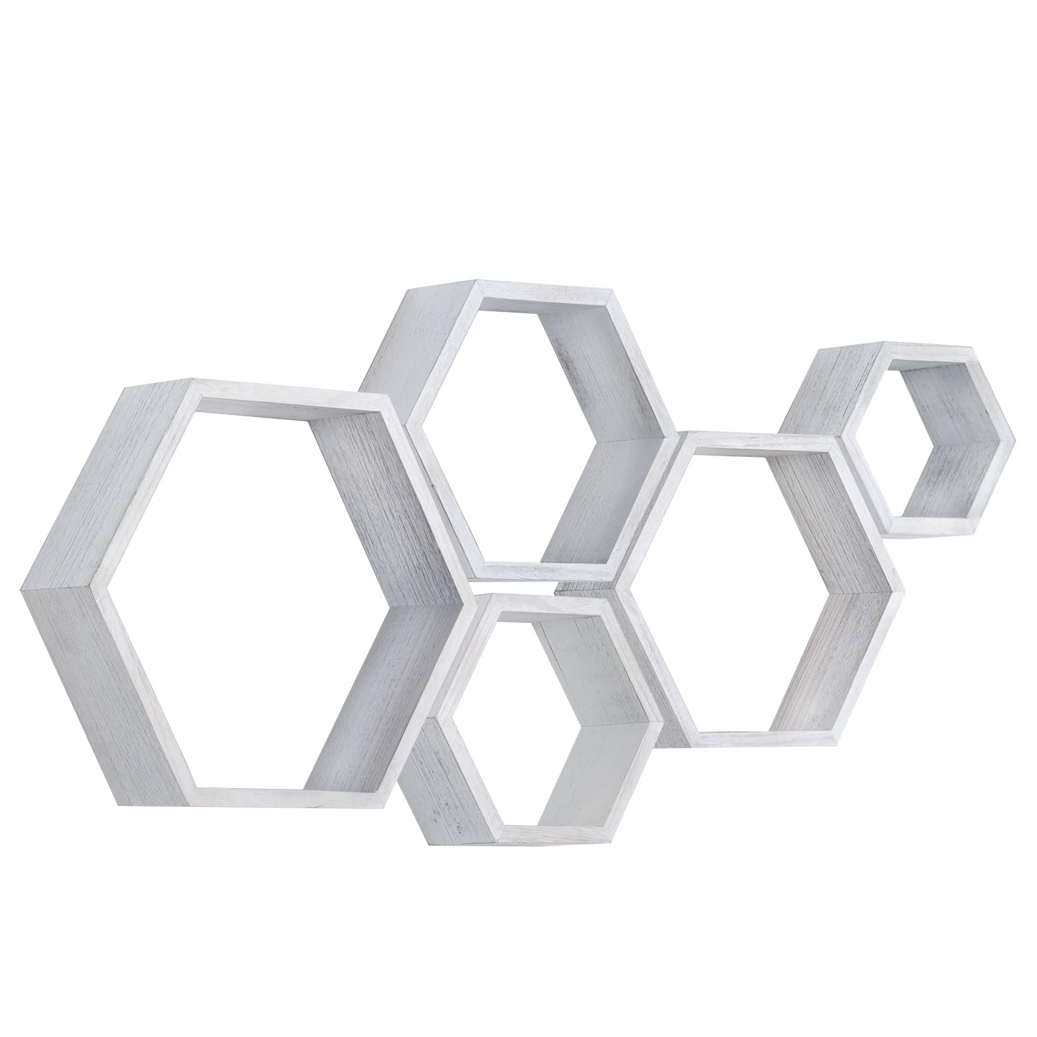 PHOENANCEE Hexagon Floating Shelves,Wall Mounted Wood Farmhouse Storage Honeycomb Wall Shelf Set of 5,for Bathroom, Kitchen, Bedroom, Living Room,Office,Driftwood Finish (Weathered White)