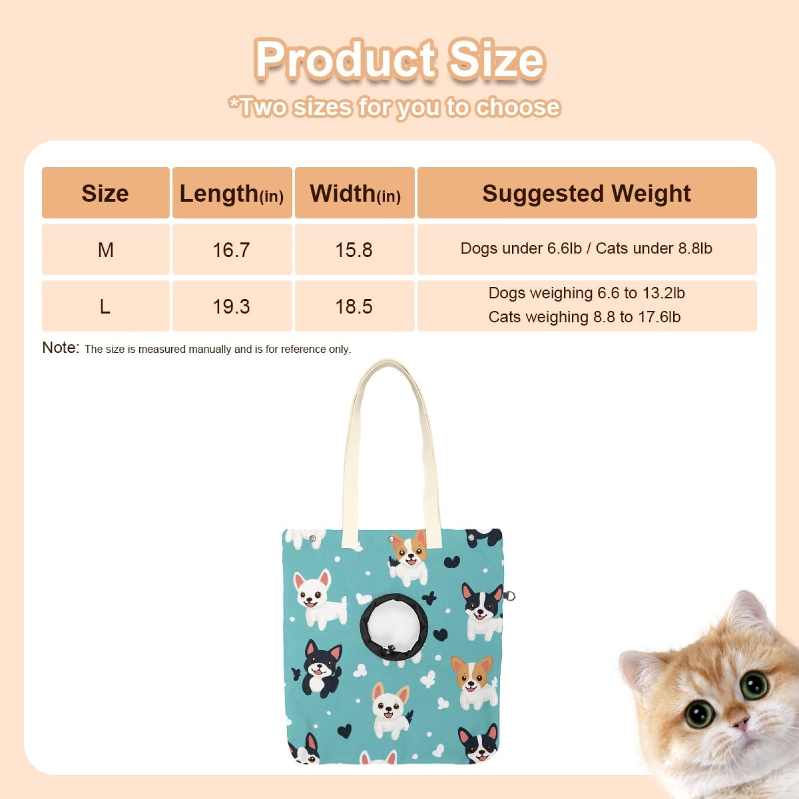 Pet Canvas Shoulder Bag Soft-Sided,Dog Purse Carrier for Small Dogs and Cats, Portable Pet Handbag with Adjustable Hole, Pet Washable Travel Tote Bag,Cute Dogs Pattern 19.3''x16.5''