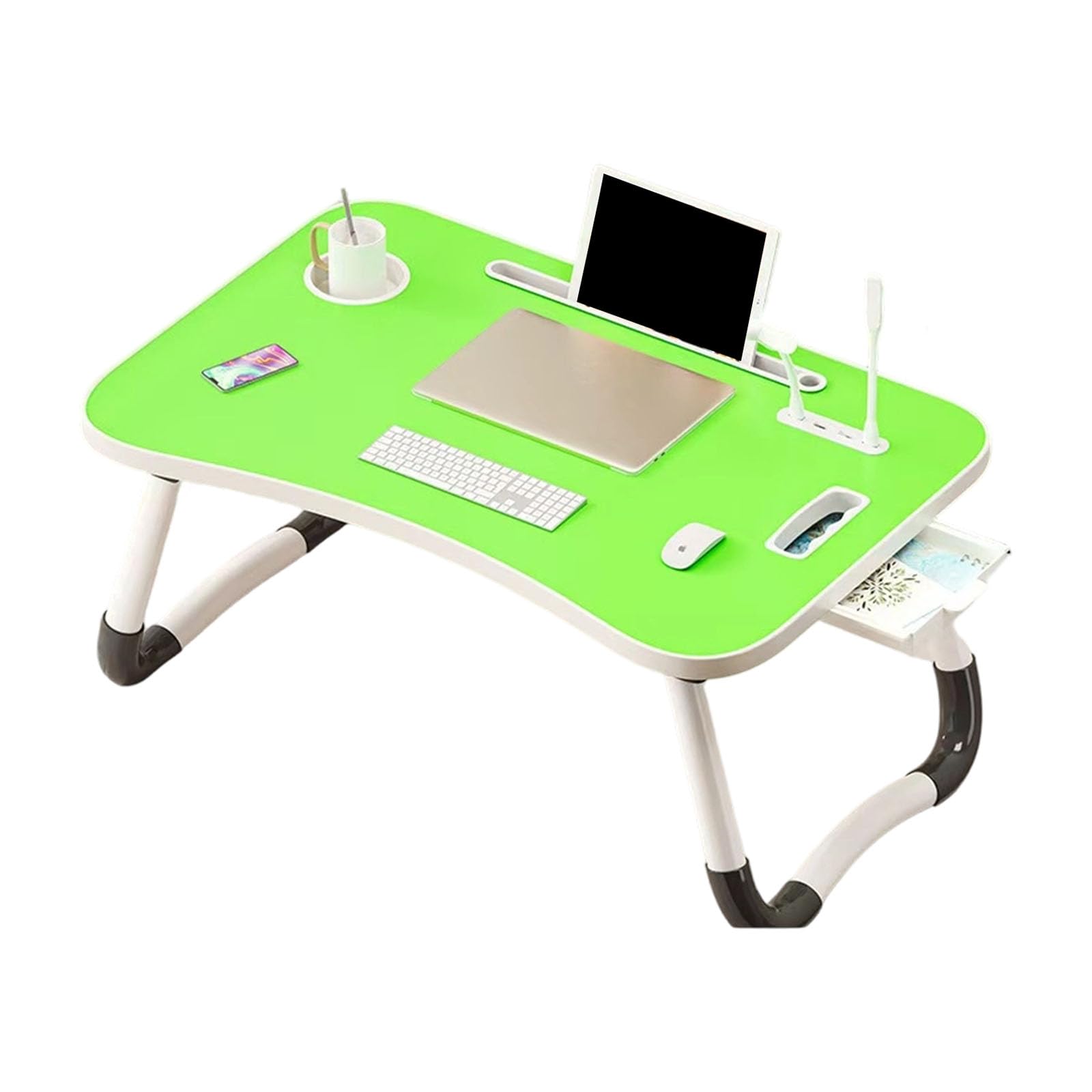 Tsophreniq Transportable Computer Table with Pliable Thighs USB Powered Tiny Color Scheme Fan 4 Harbors for Charging Cup Holder Drawer for Comfortable Use on Sofa Bed Notebook