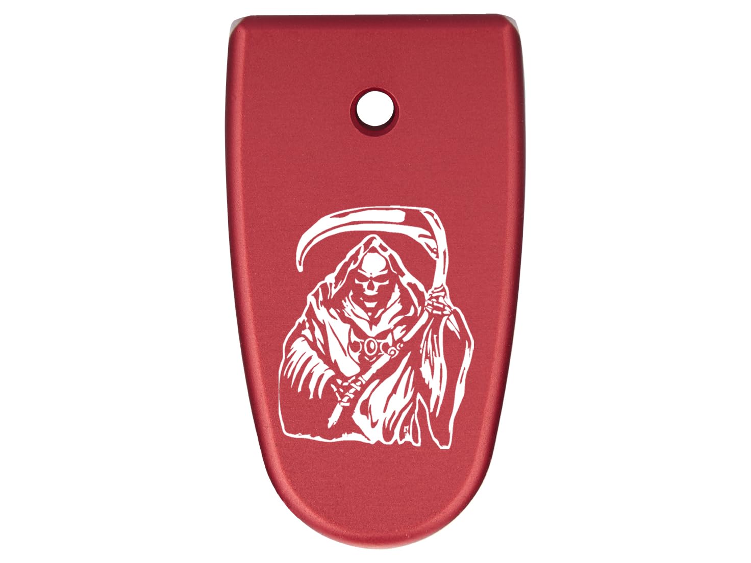 NDZ Performance Magazine Base Plate Finger Extension for Smith & Wesson M&P Shield EZ 9mm, Laser Engraved Aluminum in Red - Grim Reaper 1