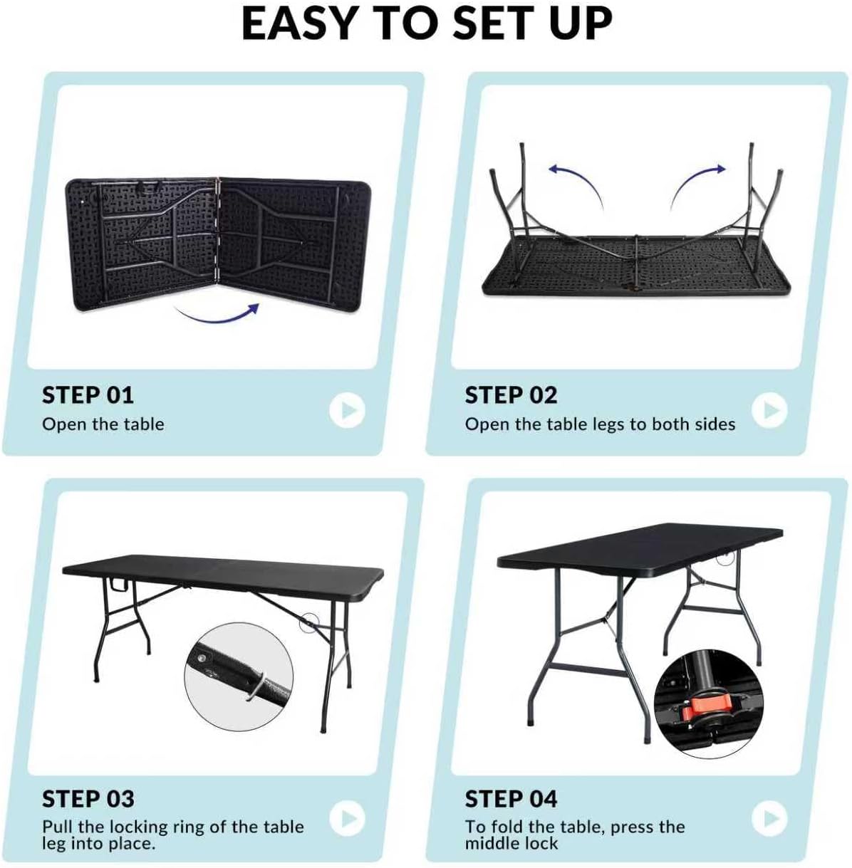 6ft Folding Table Heavy-Duty - Instant Setup Portable 6 Foot Foldable Utility Table for Large Gatherings, Dining Indoor/Outdoor Events, Tailgating & Backyard BBQ, Black