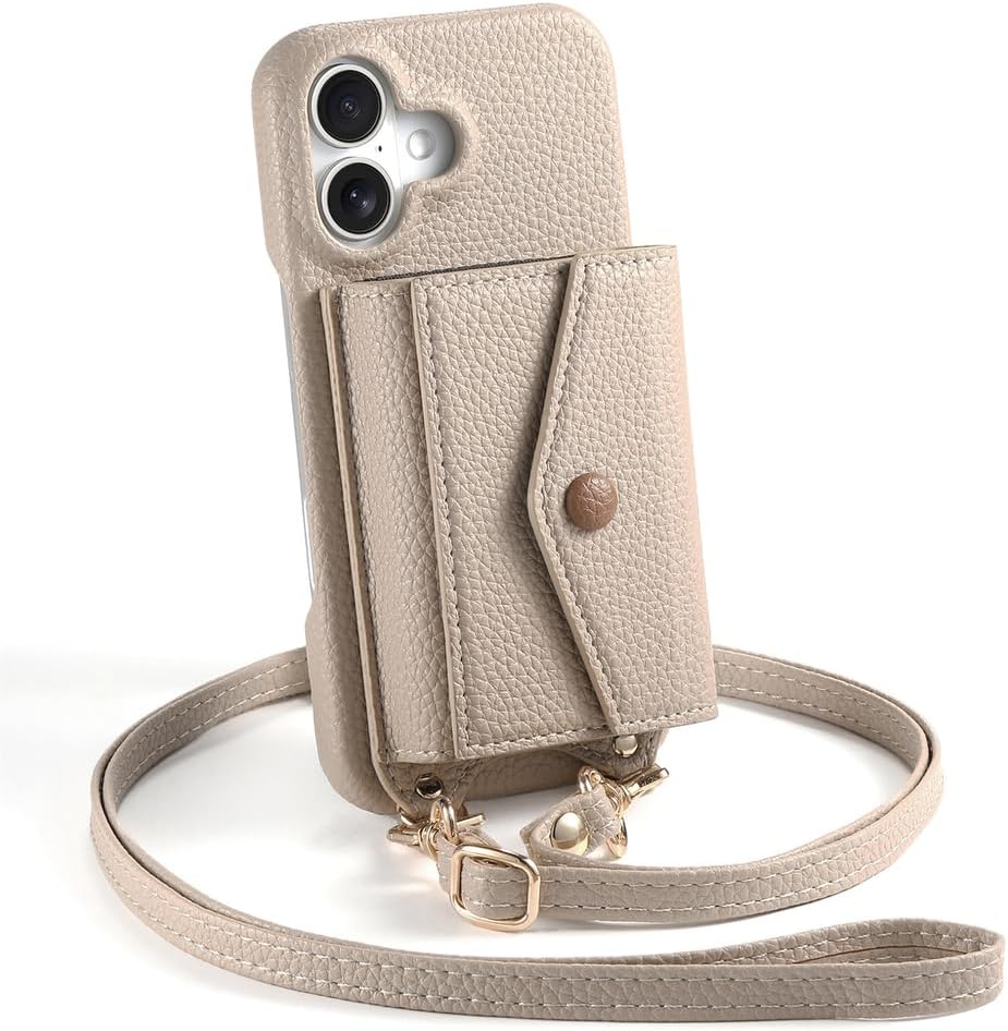 Crossbody Case for iPhone 17/17 Air/17 Pro/17 Pro Max, Stylish Wallet Leather Cover with Card Holder and Makeup Mirror Phone Case Beige