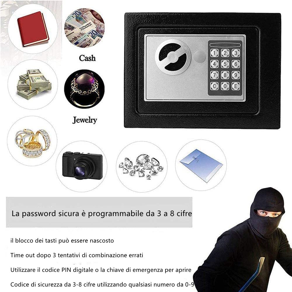 Cassaforte di Deposito Elettronica Mini Cassaforte Piccola Mini Cassaforte Elettronica Piccola cassaforte Digitale Cassetta Sicurezza Portatile Hotel sicuro Adatto per i viaggi,Nero，23 * 17 * 17 CM