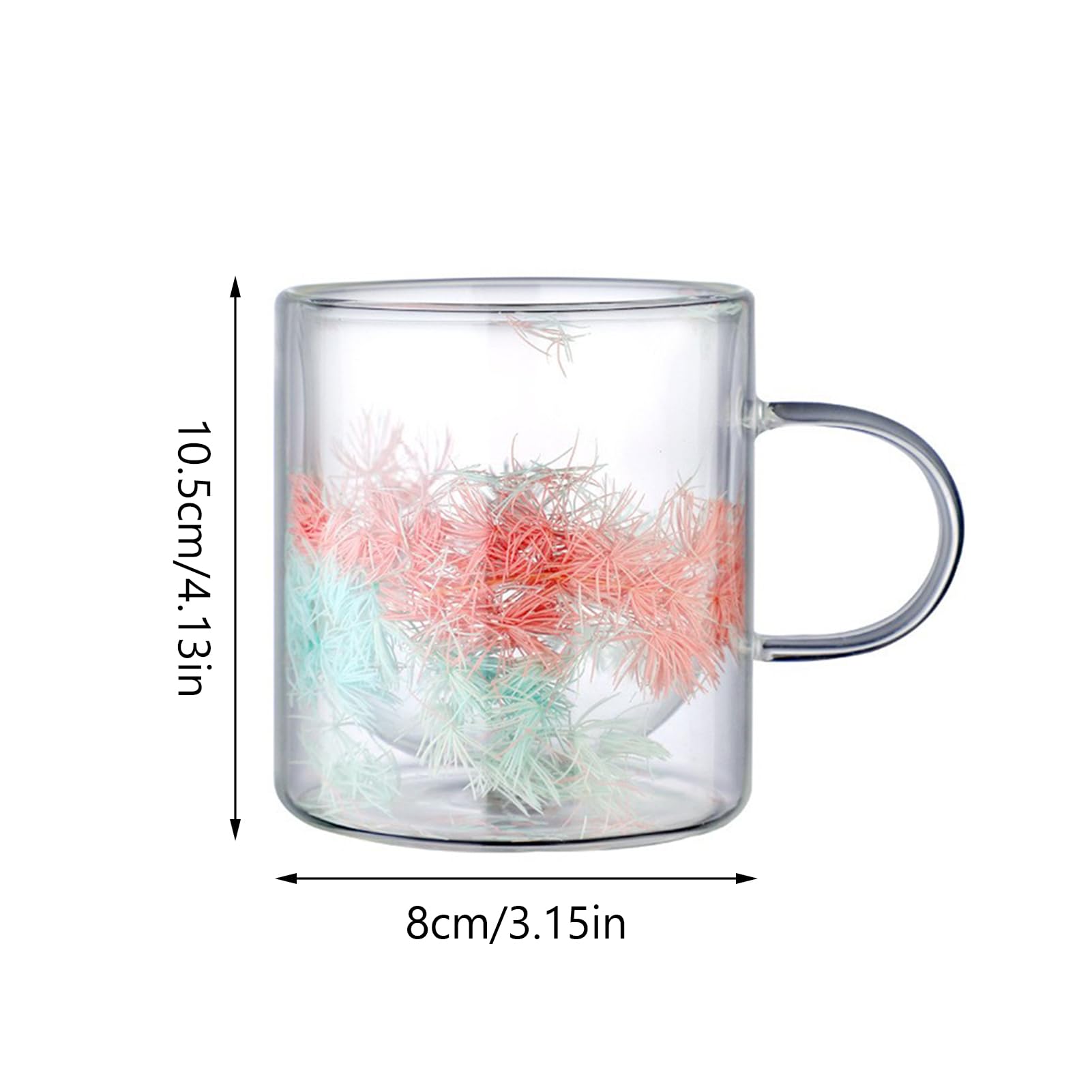 Double Wall Glass Coffee Mugs 11.8 oz Clear Double Wall Glasses with Handle Christmas Pine Needle Art Cup for for Milk Tea Cocktail Beverage(B-pink blue)