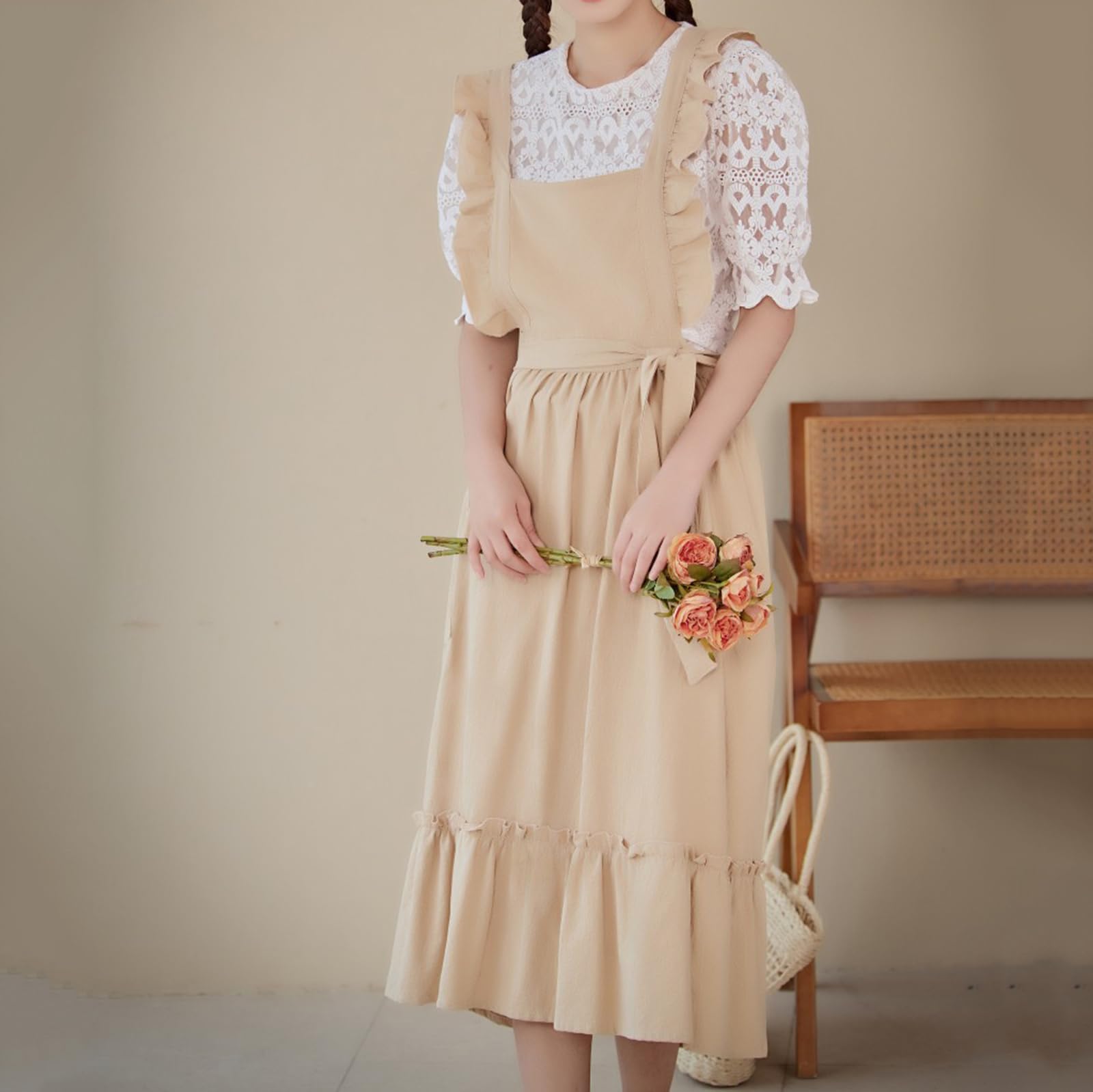 Tablier De Cuisine Vintage en Coton pour Femme Beige avec Volants Et Poches pour Cuisine Jardin Poterie Atelier Artisanat Beige,One Size