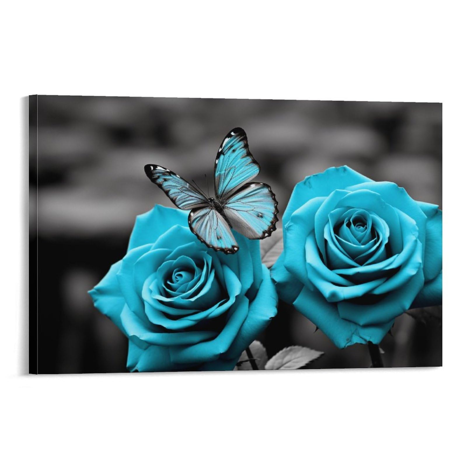 AYAROS Turquoise Rose Canvas Wall Art for Bedroom Butterfly Farmhouse Plant Natural Wall Decor Poster for Room Aesthetic Framed 12x18 inch