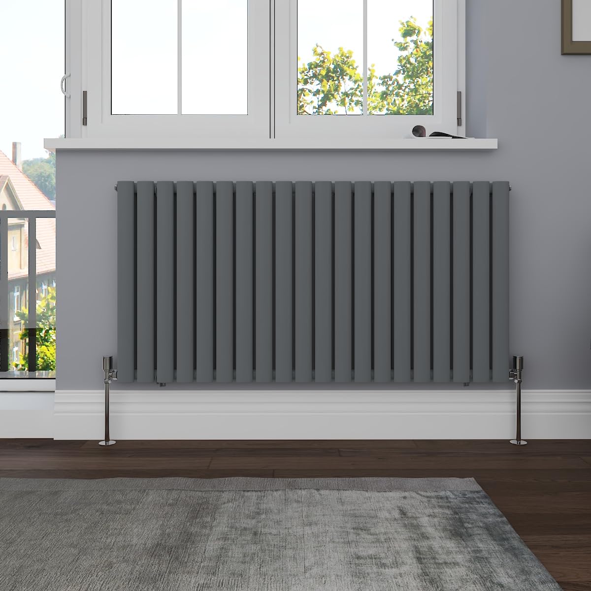 NRG Horizontal 600x1180mm Oval Column Double Panel Designer Radiator Bathroom Central Heating Anthracite