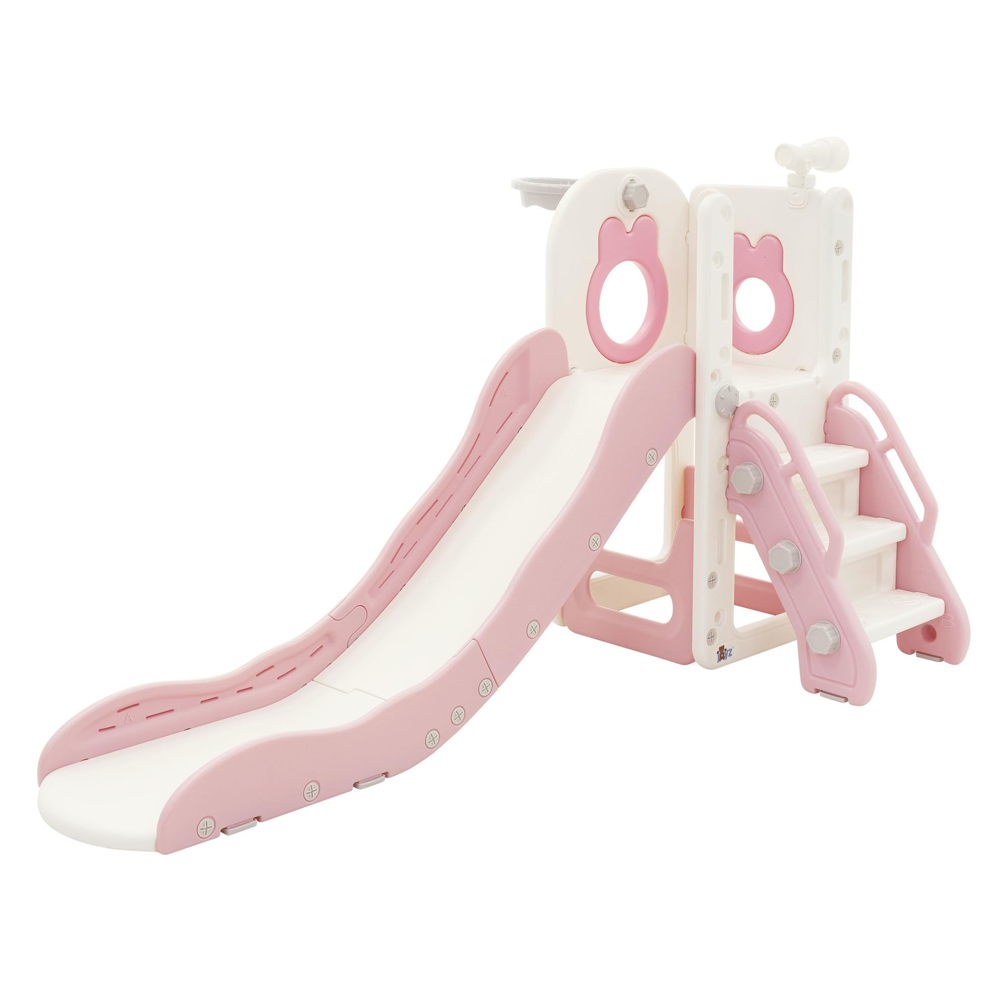 Joyz Tobogán Infantil 3en1 con Refuerzo Antideslizante Plástico Blanco-Rosa Juego de Torre con Canasta de Baloncesto Balón y Bomba de Aire Parque de Interior y Exterior para Niños a Partir de 3 Años