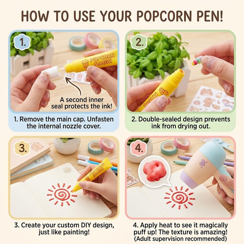 6/12 colors 3D Popcorn Pens, Magic Puffy Bubble Drawing Pen Kit,12 colors:2 - Image 6