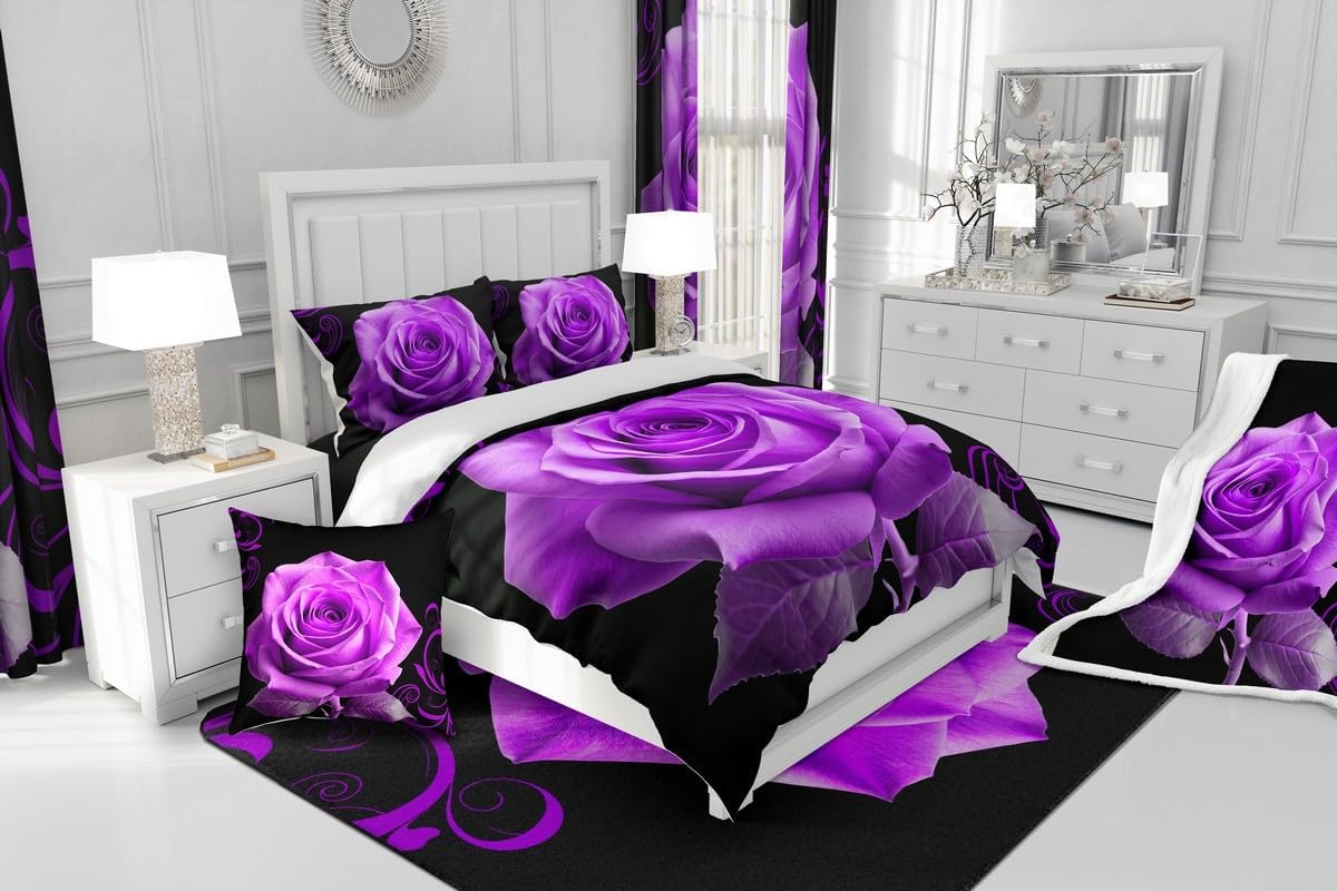 Feelyou Purple Rose Window Curtains for Bedroom Living Room Rose Print Curtains for Kids Boys Girls Floral Flower Window Drapes Purple Black Blackout Curtains, 52W X 63L,2 Panels