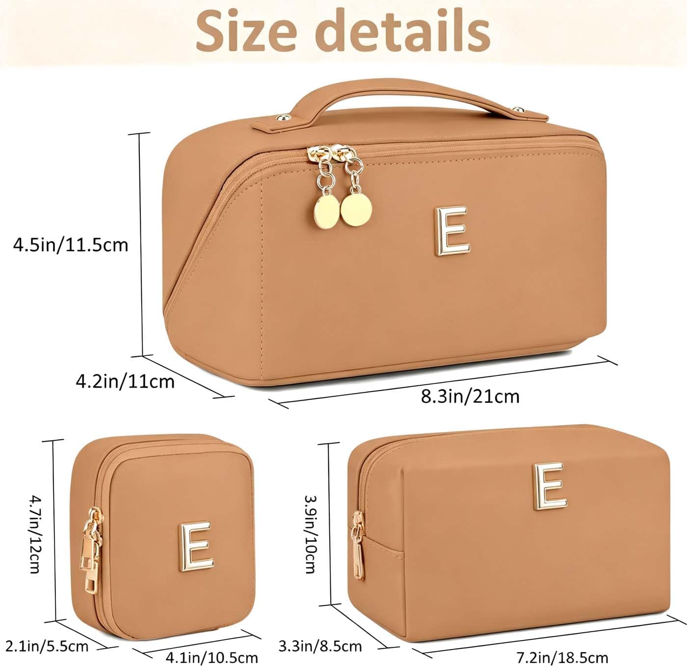 YOPCDJ Personalized Initial Makeup Bag for Women, Large Travel Cosmetic Case with Clear Divider and Handle, Open Flat Toiletry Organizer, Birthday Gift for Teen Girls (Khaki-E) image 2