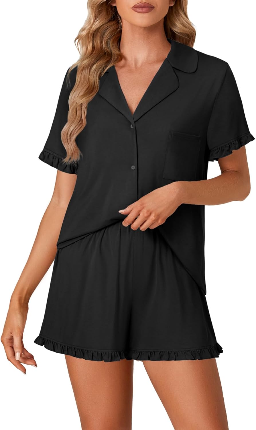 Vrtige Women's 2 Piece Pajamas Set Button Down Short Sleeve Shirt and Shorts Sleepwear PJs Set Plain Black X-Large