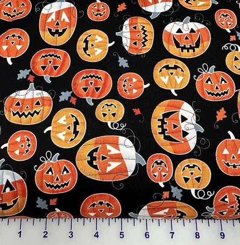 Benartex Cotton Fabric Glow-O-Ween Halloween 12960G-12 Glowing Candy Corn Funny Pumpkins on Black Background by The Yard
