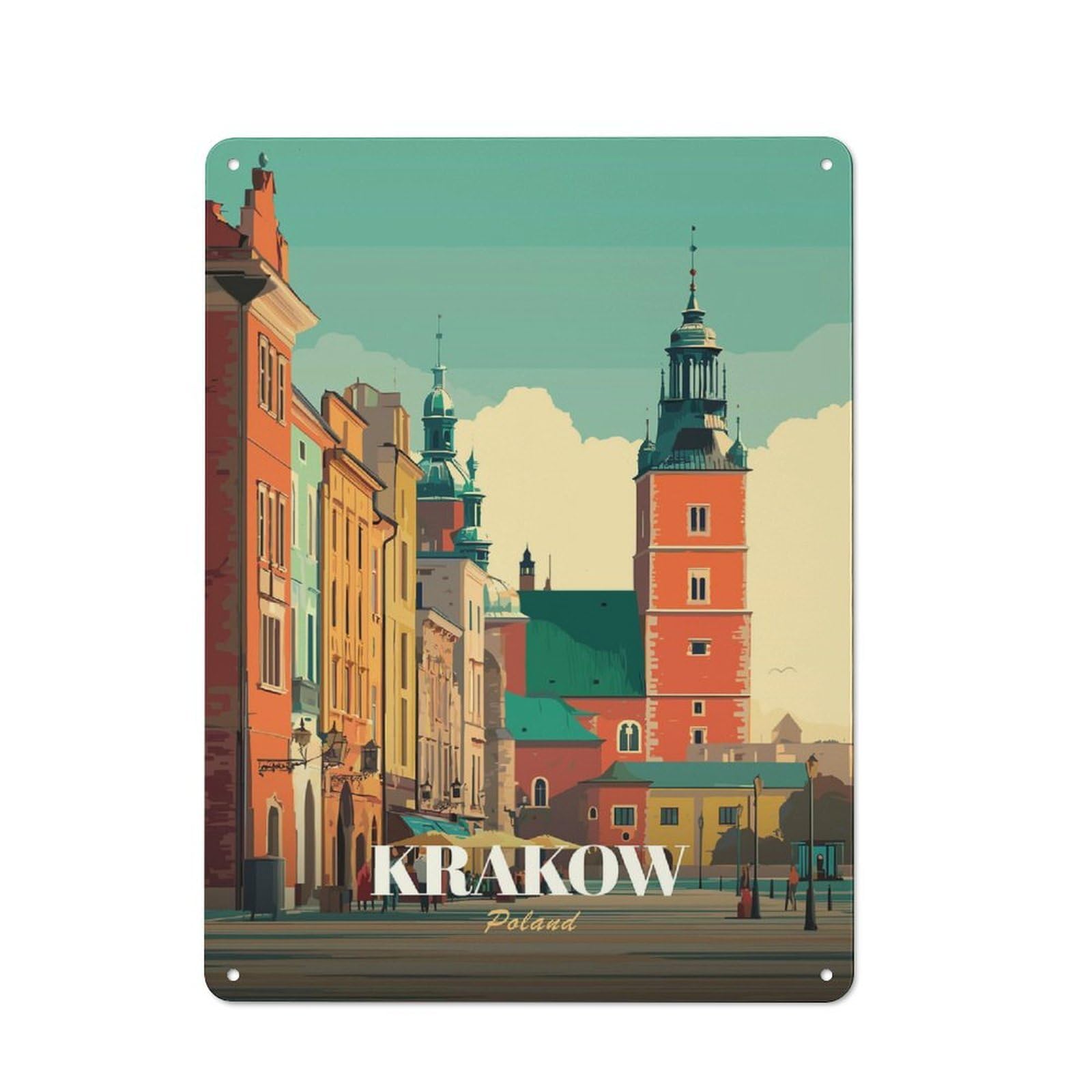 Junmoney Style-12 Shed Style Krakow, Poland Cityscape Illustration(2) Tin Sign 40X30cm, Utility Space Decor For Greenhouse, Garden Room, Cafe Or Entryway