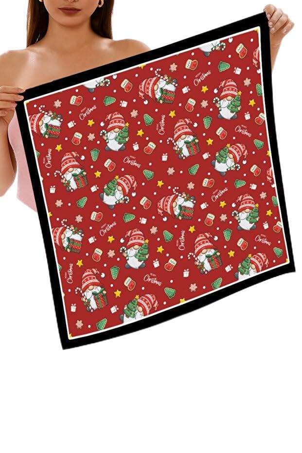 Yeni Sezon Yılbaşı Desenli Bandana Fular Yeni Yıl Hediyesi Şal Estascarf Kırmızı 70x70 Cm