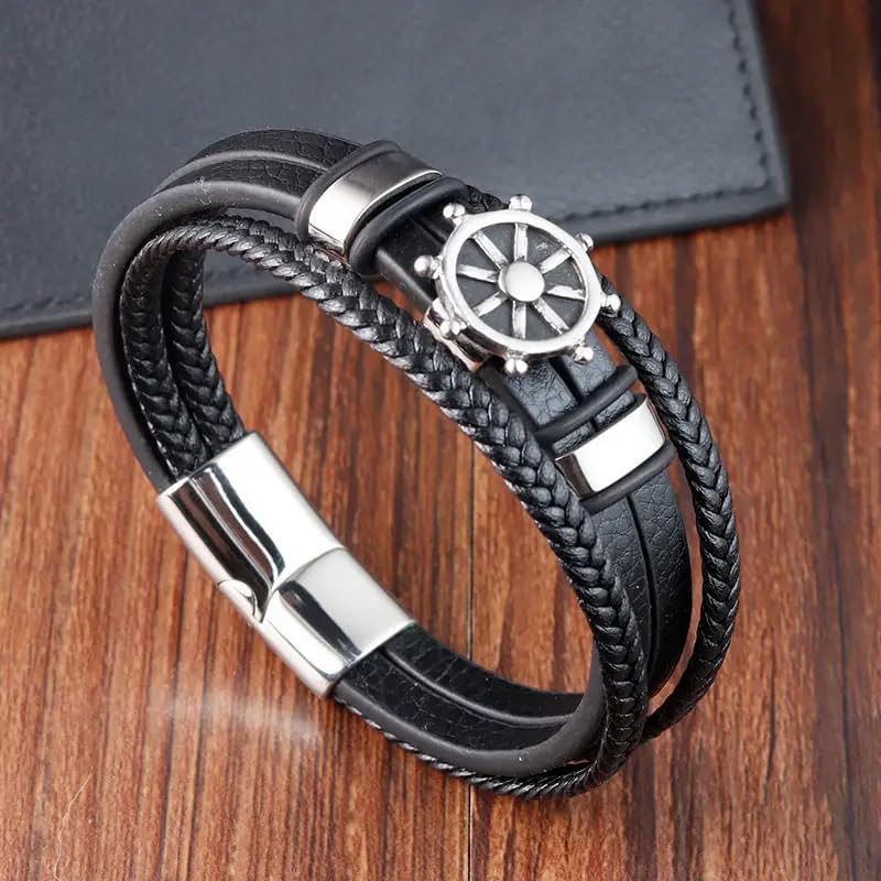 Image of THE MEN THING Leather Bracelet for Men - American Style Genuine Leather Multi-Layer Braided Bracelet with 100% Stainless Steel Magnetic Buckle for Men & Boys (8 inch)