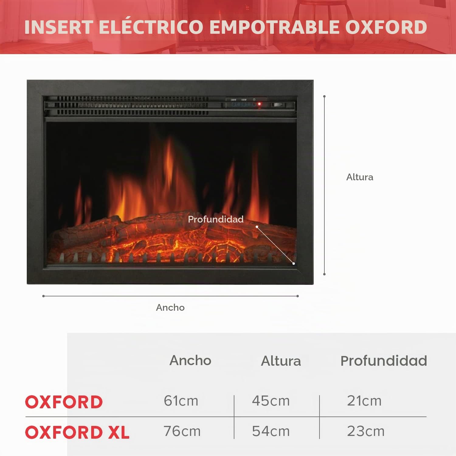 CHEMIN'ARTE Chimenea eléctrica empotrable Oxford con Efecto de Llama Leds - Chimenea eléctrica con calefacción – Inserto de Chimenea - Mando a Distancia - 61x20x45cm
