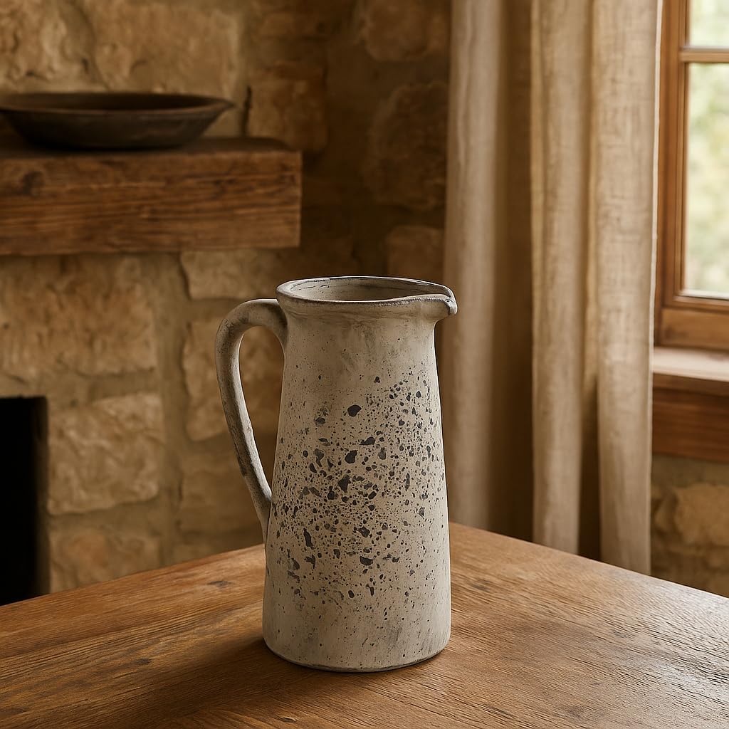 Speckled Ceramic Pitcher – Rustic Jug with Handle and Spout – Functional & Decorative Water Pitcher or Vase (Small)