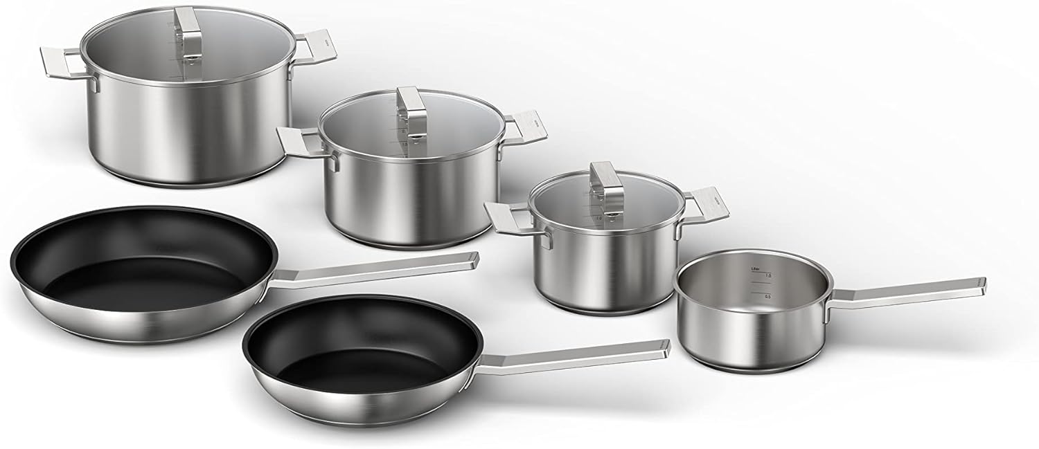 Bosch HEZ9SE060 Hob Accessories, 6-Piece Stainless Steel Cookware Set: 4 Pots and 2 Pans for Electric Hobs and Induction Hobs, Made in Germany