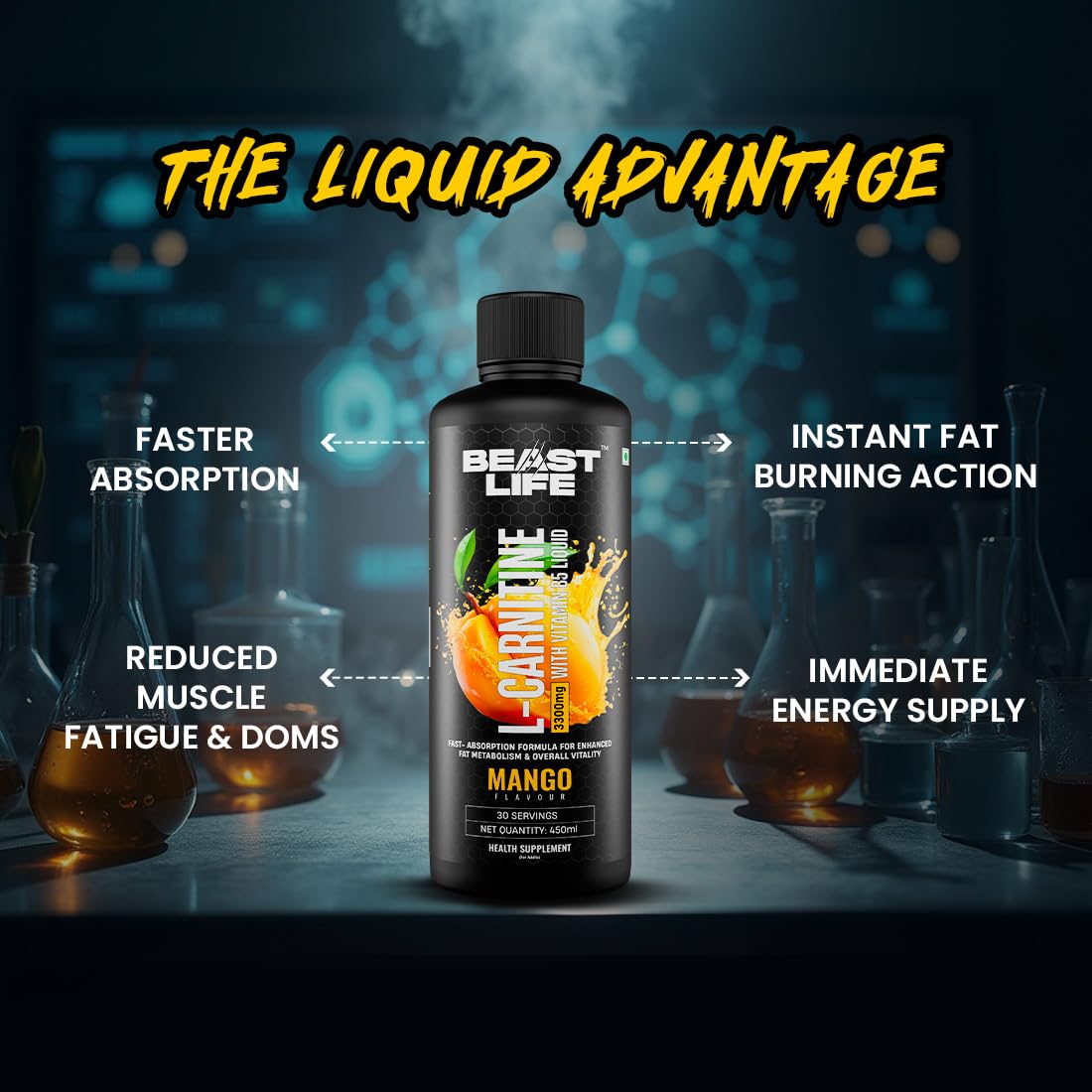 BeastLife L-Carnitine Liquid | 3300mg (Mango Flavor, 450 ml, 30 Servings) Converts Fat to Energy | Triple Strength Formula | Supports Weight Loss | With Vitamin B5 | No Added Sugar — Amazon image 4