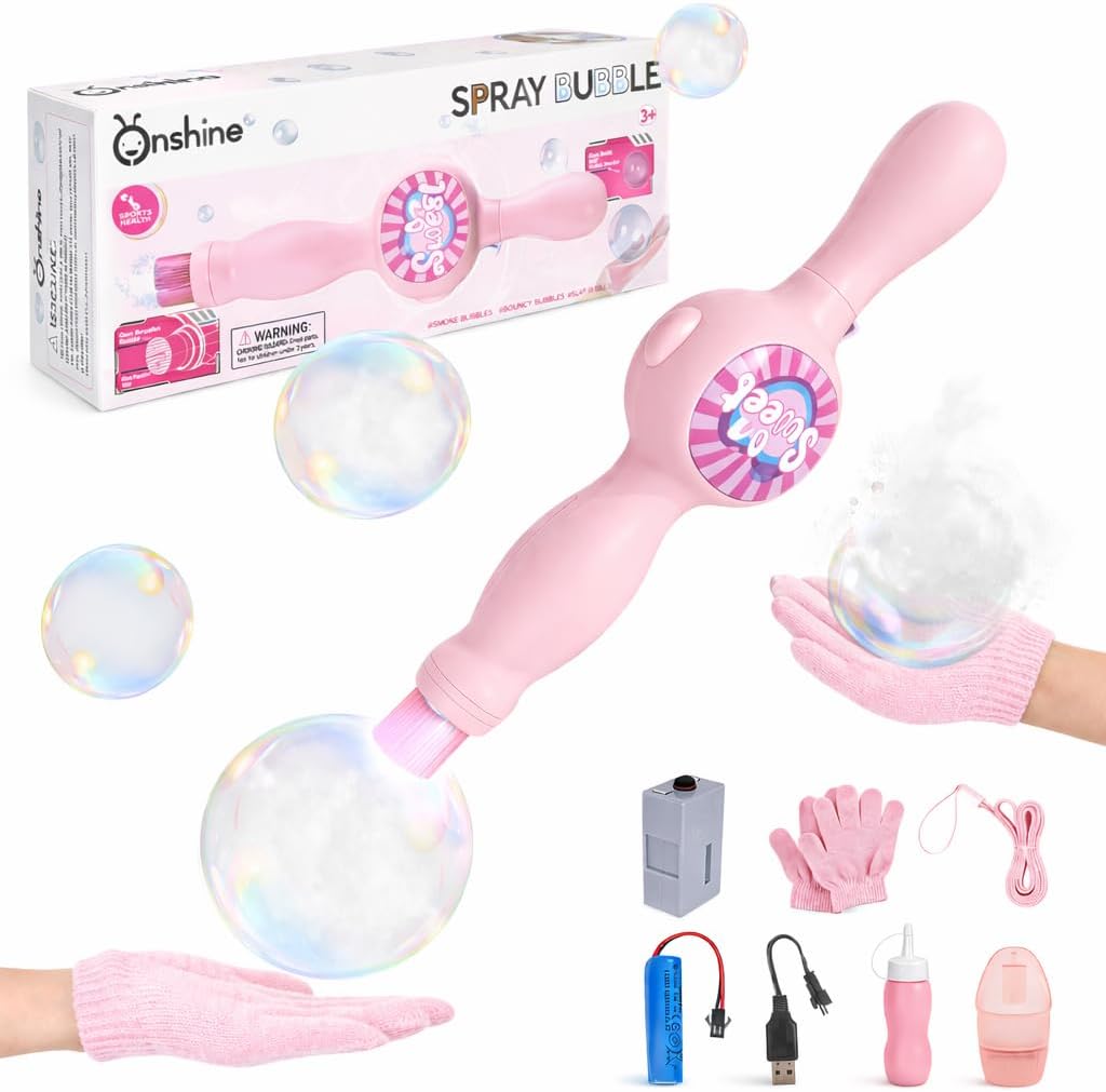 Fog Bubble Machine for Kids, Rechargeable Magic Mist Bubble Wand with Lights & Sound, Elastic Bubble Fog Wand with Gloves, Spill-Proof Cup & Safe Bubble Solution, for Indoor Outdoor Parties (Pink)