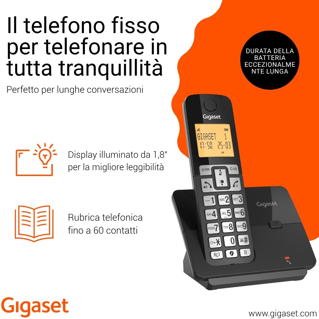 Gigaset Essential 320 - Telefono fisso senza fili con blocco chiamate, display luminoso da 1,8"", vivavoce, rubrica, lunga durata della batteria, modalità ECO, nero [Versione Italiana]