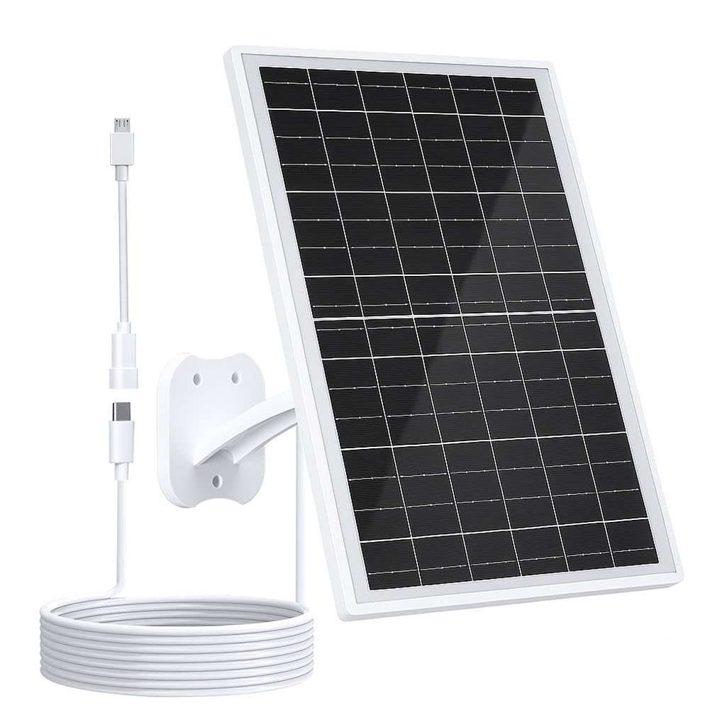 Caricatore per pannello solare da 13 W per telecamere di sicurezza, impermeabile IP68 con porte USB-C/Micro-USB/DC, supporto regolabile a 360°, cavo da 2,2 m, per alimentazione esterna
