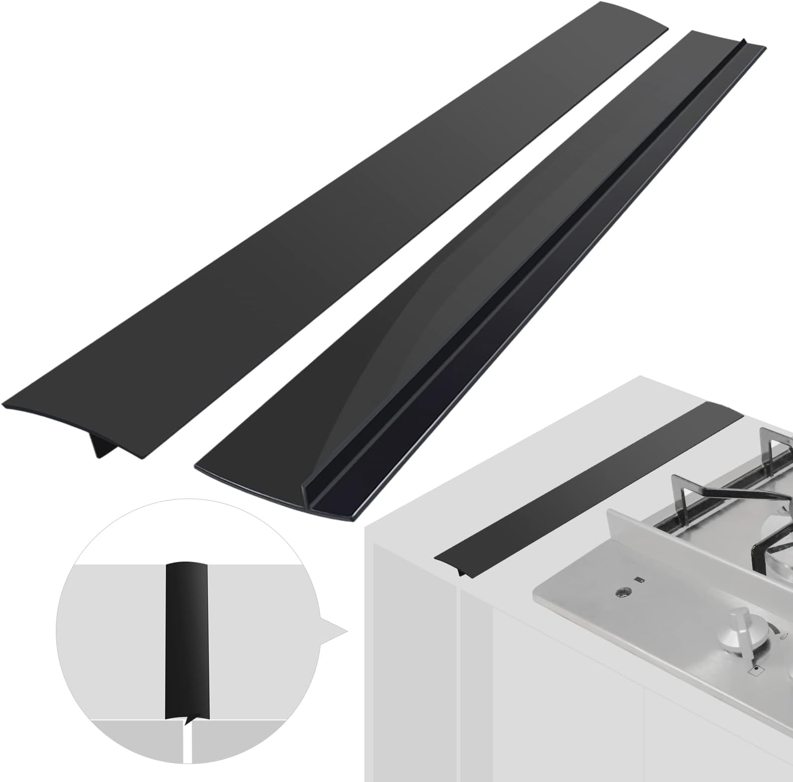 Silicone Stove Counter Gap Cover (2 Pack),Easy Clean Heat Resistant Wide & Long Kitchen Stove Gap Filler,Seals Spills Between Counters, Oven, Stovetops, Washing Machines, Washer, Dryer(21in, Black)