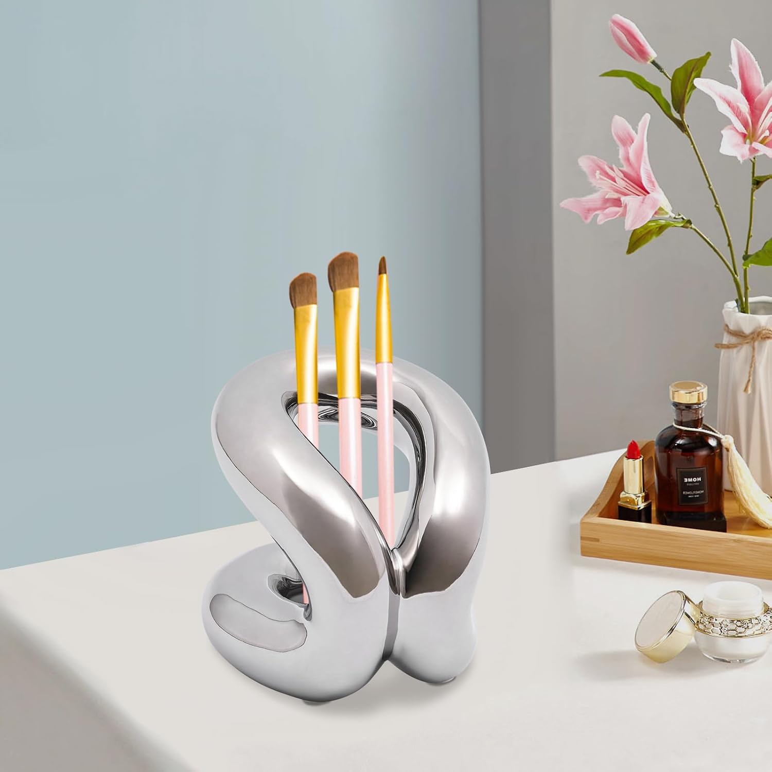 Ceramic Holder Stand - Toothbrush Holder for Bathroom, Countertops - Space Saving Design - Modern Ceramic Toothbrush Cup - Toothpaste Holder - Bathroom Cup - Makeup Brush Cup Stand (Silver)
