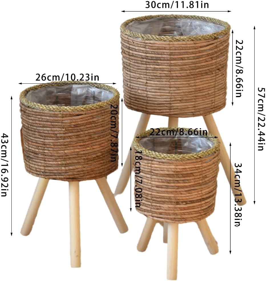 (Missing one leg). Woven Rattan Woven Plant Pot On Wooden Standing Legs, Round Floor Rattan Plant Stand Holder, Wicker Plant Basket with Stand for Living Room Balcony Home Decor