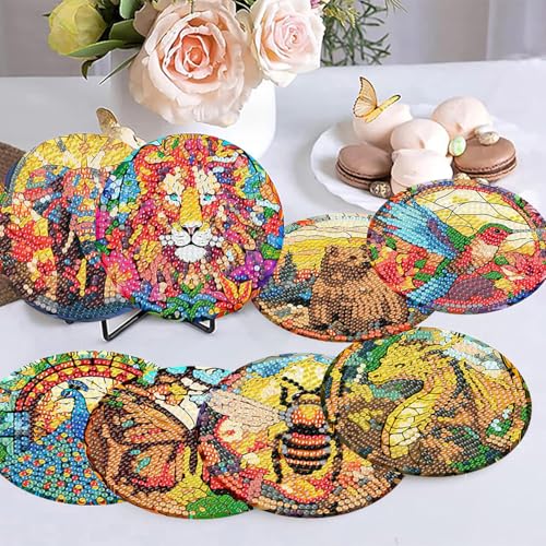 8 PCS Diamond Art Coasters Kits with Holder Animal Diamond Painting Coasters Kits for Beginners Colorful Animals Diamond Painting Kits for Adults Handicrafts Paint by Diamond 4x4 inch — view 5