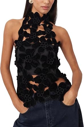 Women Hollow Out Floral Tops Embroidered Backless Mock Neck Tank Top Y2k Flower Halter Top Coquette Streetwear