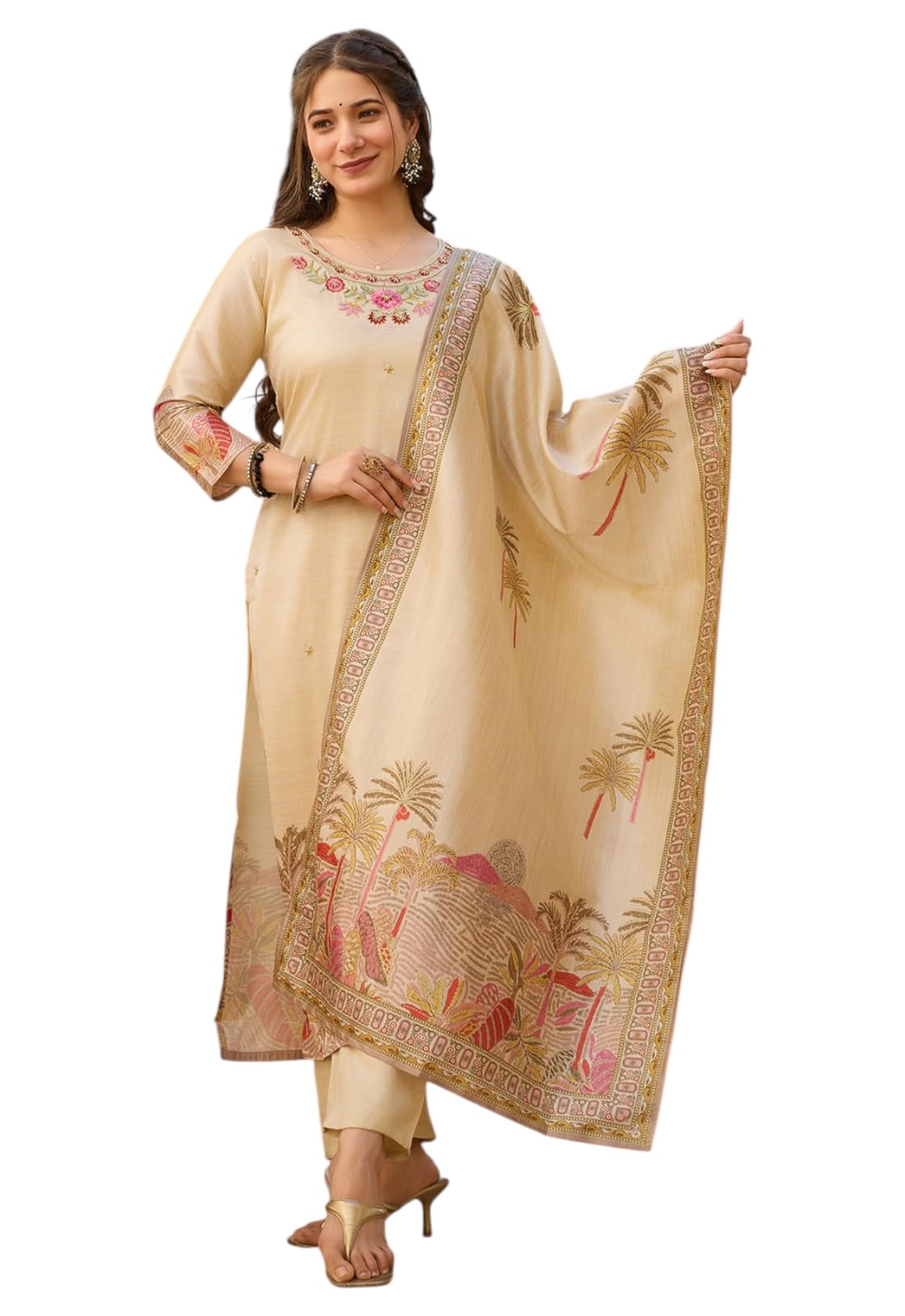yashika Women's Beige Viscose Assam Silk Fabric Straight Printed Kurta, Pant and Dupatta Set | Kurta Set for Women-picture-38