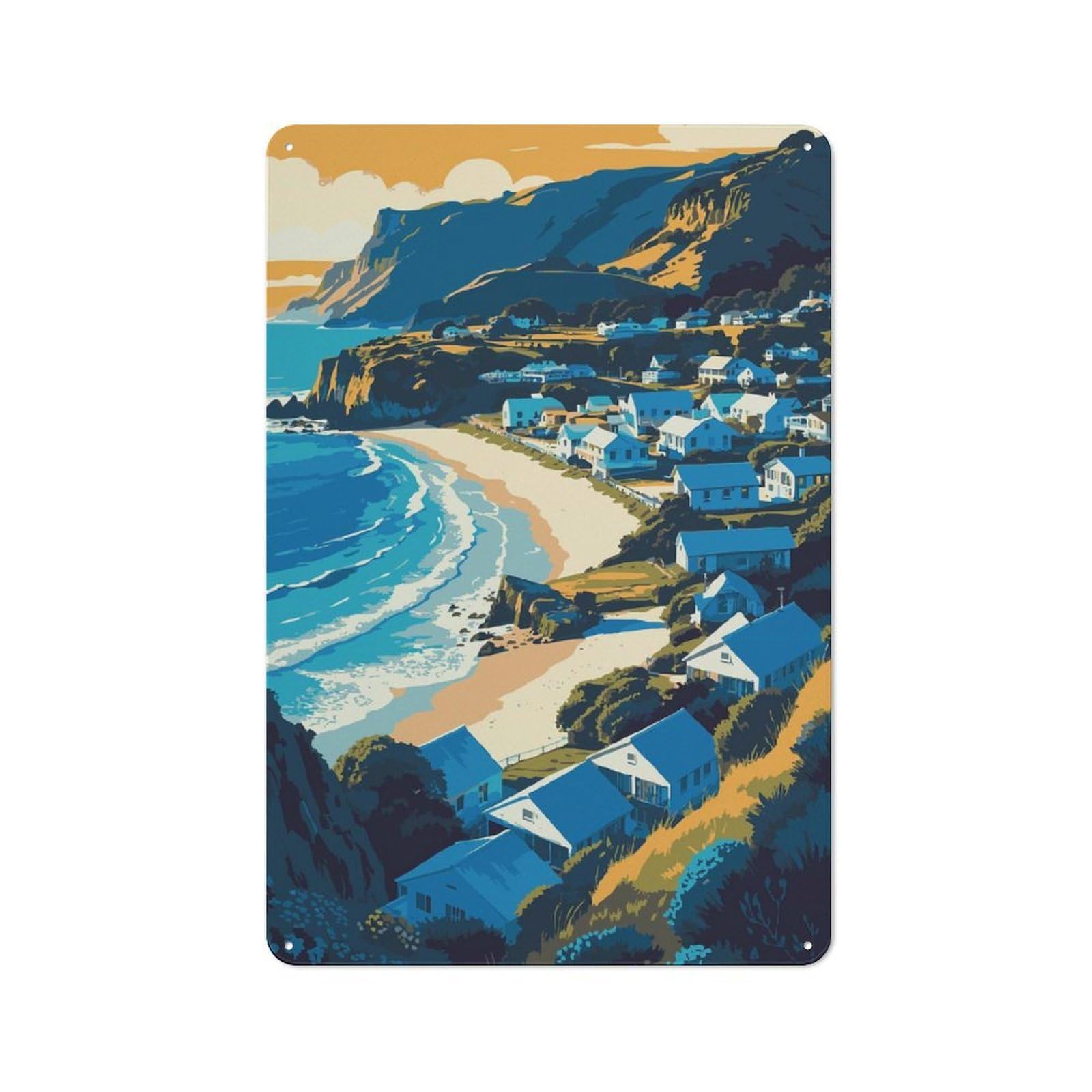 Junmoney Style-6 Retro-Style Metal Sign 30X20cm Featuring Coastal Village Landscape Illustration For Garage Wall, For Vintage Wall Decor Fans, For Metal Sign Collectors
