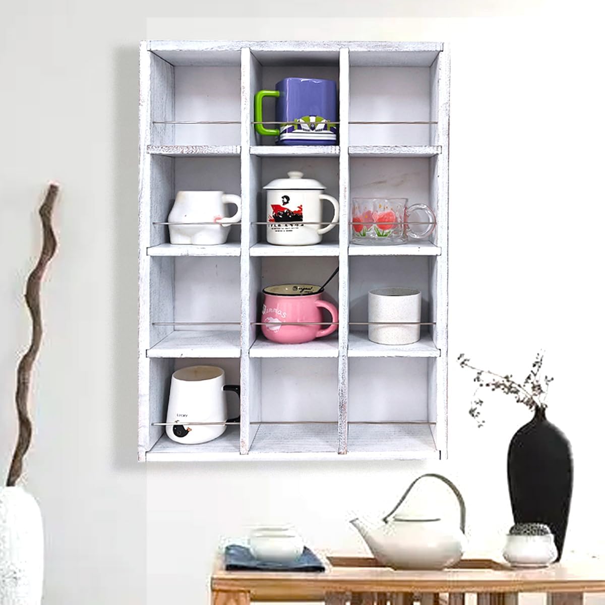Coffee Mug Display Rack Wooden Display Shelves Cup Holder Shadow Box Shelf Wood Hanging Shadow Box Shot Glasses Display Case with 12 Compartment (Old White)