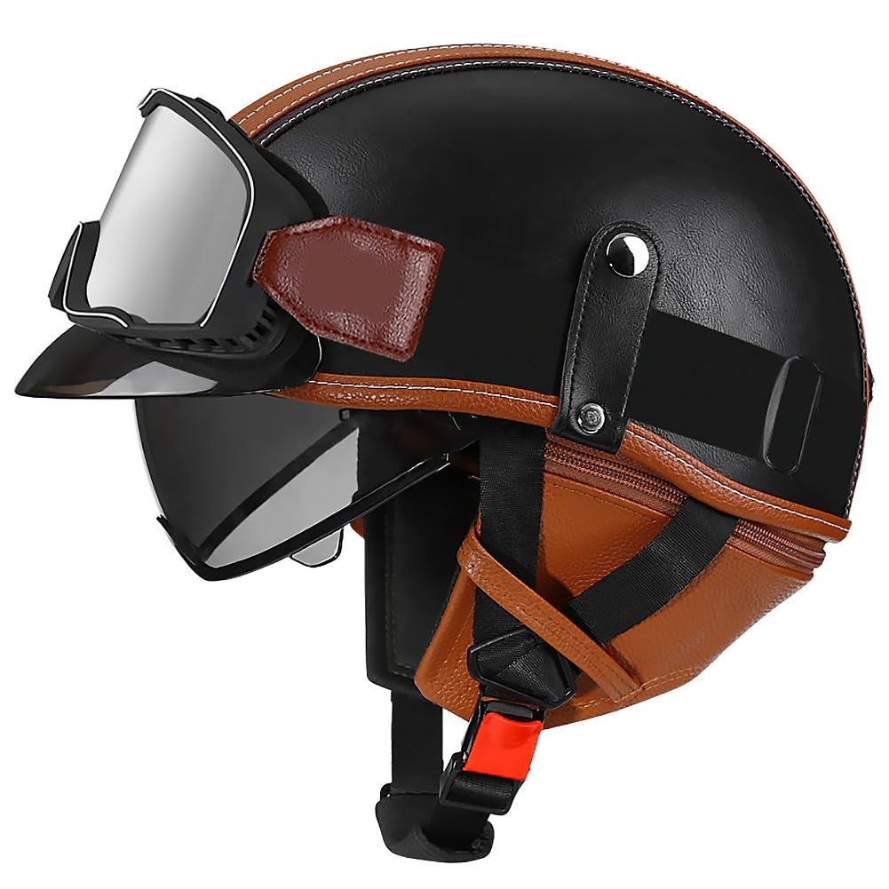 Casque de Moto Vintage Cuir Retro Vintage Scooter Open Face Demi Cuir avec visière Lunettes ECE Bols pour Homme et Femme Adultes Demi-Casques avec Sac de Rangement