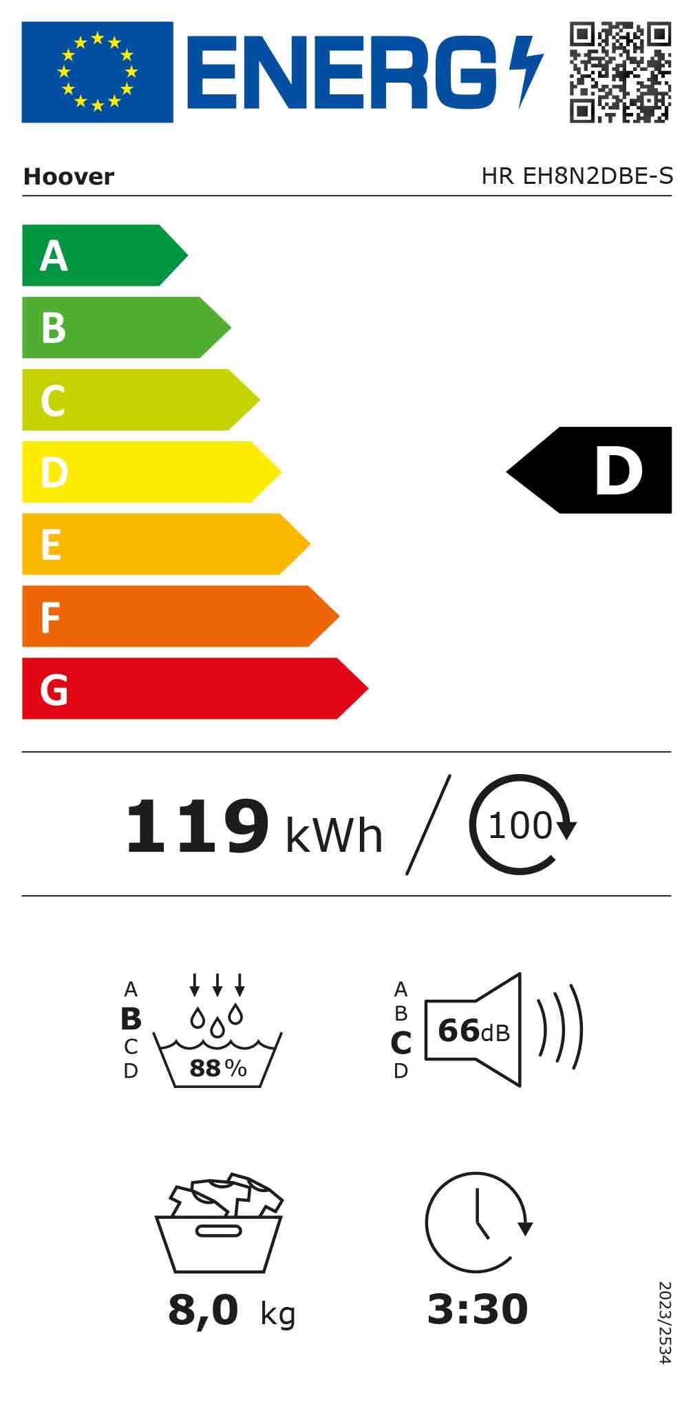 Hoover H-DRY 350 HR EH8N2DBE-S Wäschetrockner, Wärmepumpentrockner, 8kg, hOn App mit WLAN & Bluetooth, 16 Programme, Weiß