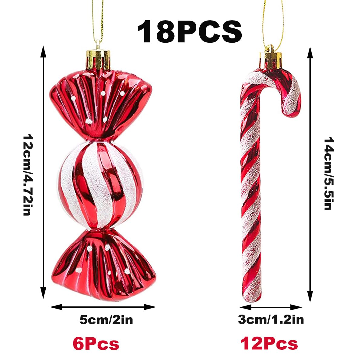Bolas de Navidad grandes bolas de decoración de caña de caramelo, 18 piezas, bolas de Navidad con lentejuelas, decoraciones de árbol de Navidad, rojo y blanco, adornos navideños(12 cm)