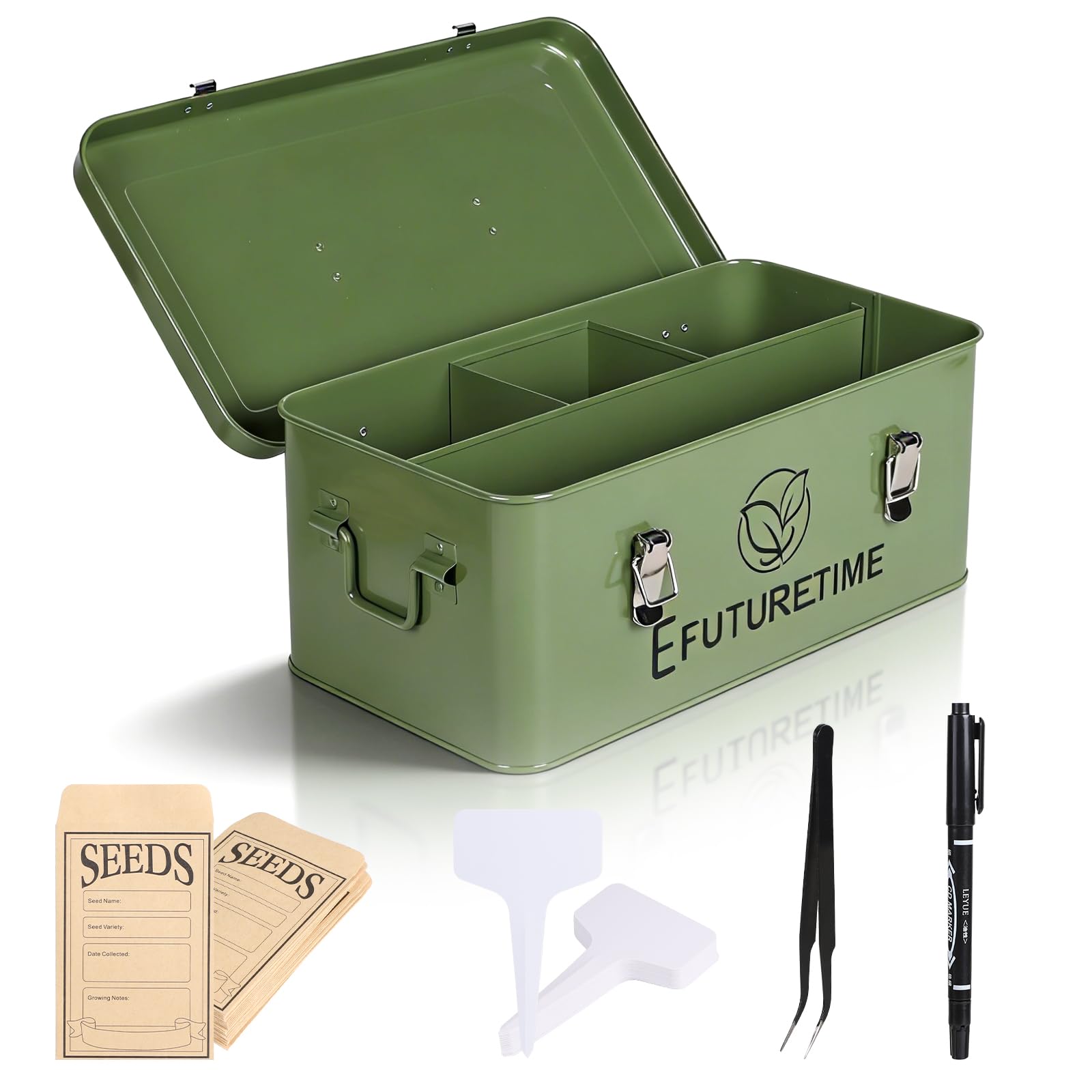 efuturetime Boîte à Graines Potager en métal 32,5×17×13cm, Boîte de Rangement à Graines avec Couvercle, 30 Étiquettes pour Plantes 30 Enveloppes de Graines, Idée Cadeau Jardinage, Vert