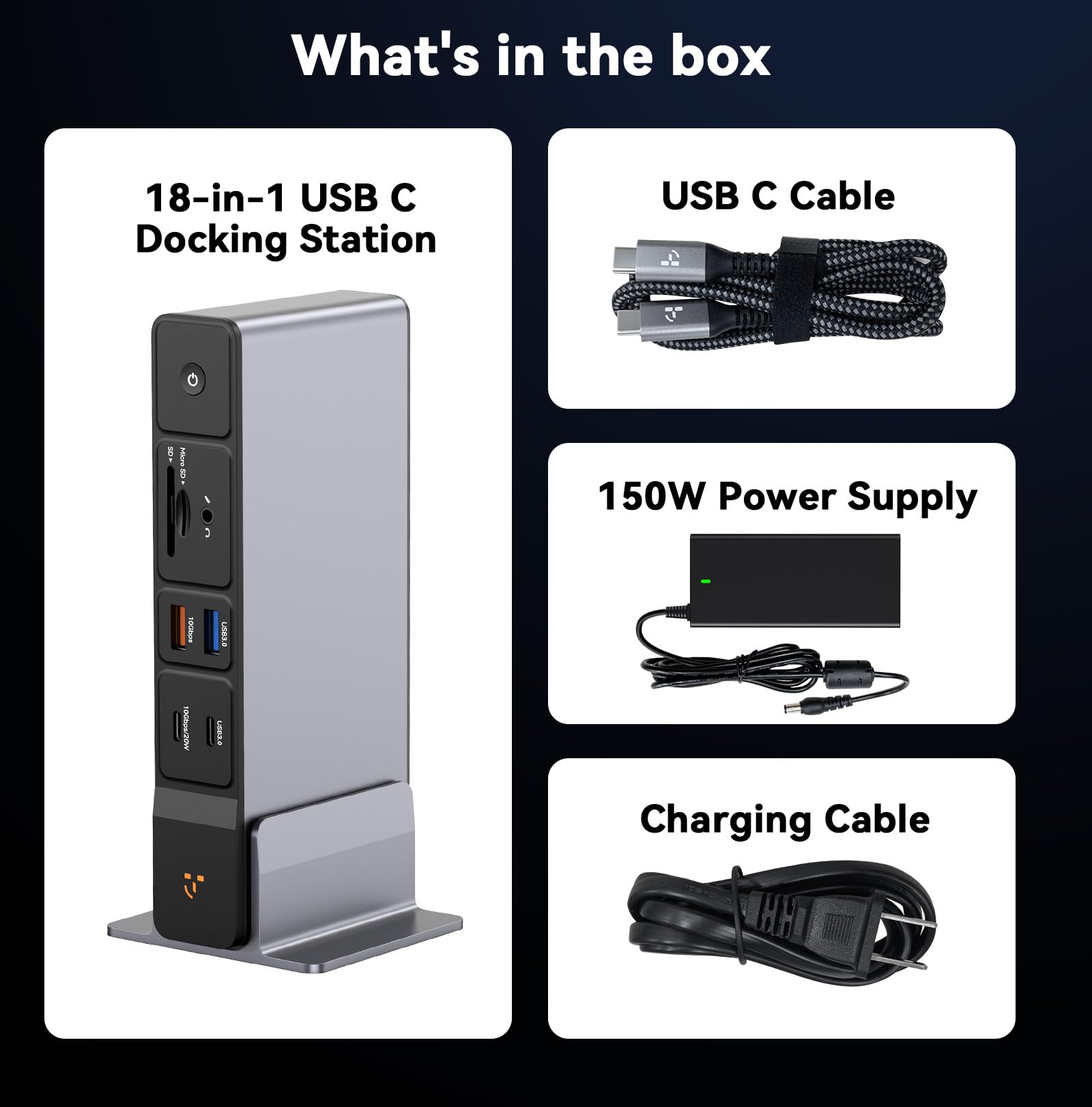 TobenONE Stacja dokująca USB C, 3 monitory, potrójny wyświetlacz 4K 18 w 1, zasilacz 150 W z szybkim ładowaniem 20 W, 8 portów USB do 10 Gb/s, 2 HDMI/DP/USB C, do Windows/Chrome OS