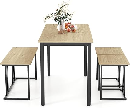 TANGZON Dining Table and Stools Set with Bench, 4 PCS Steel Frame Kitchen Table Set with Reinforced Bars, Wooden Dining Room Set Furniture for Home Living Room Restaurant (Natural + Black)