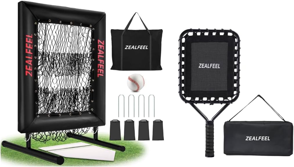 9 Hole Pitching Net Pro & Black Baseball Racket, with Strike Zone Target, 5 Height Adjustable, Portable Easy Setup Trainer Net for Baseball & Softball with Ball, Home Plate & Pitching Rubber