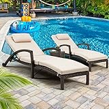 HOMREST Chaise Lounge Chairs Set of 2 for Outside, Adjustable 5 Position Outdoor PE Rattan Wicker Patio Pool Lounge Chair with Arm, Cushion, Pillow and Wheels for Poolside Backyard Deck Porch,Khaki