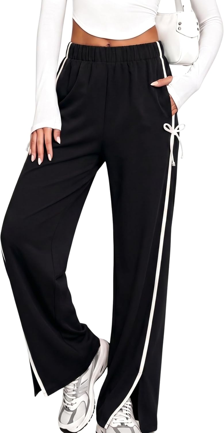 MINSURE Women's Wide Leg Sweatpants High Rise Side Striped Bow Y2K Baggy Track Pants with Pockets