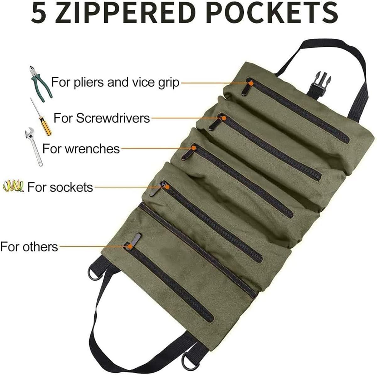 JerryXingjy Tool Bag Roll Up,Heavt Duty Tool Organizer Portable Tool Storage Bags Waterproof Oxford Cloth-Zipper Pouch for Men Mechanic, Electricians, Repairman, Green