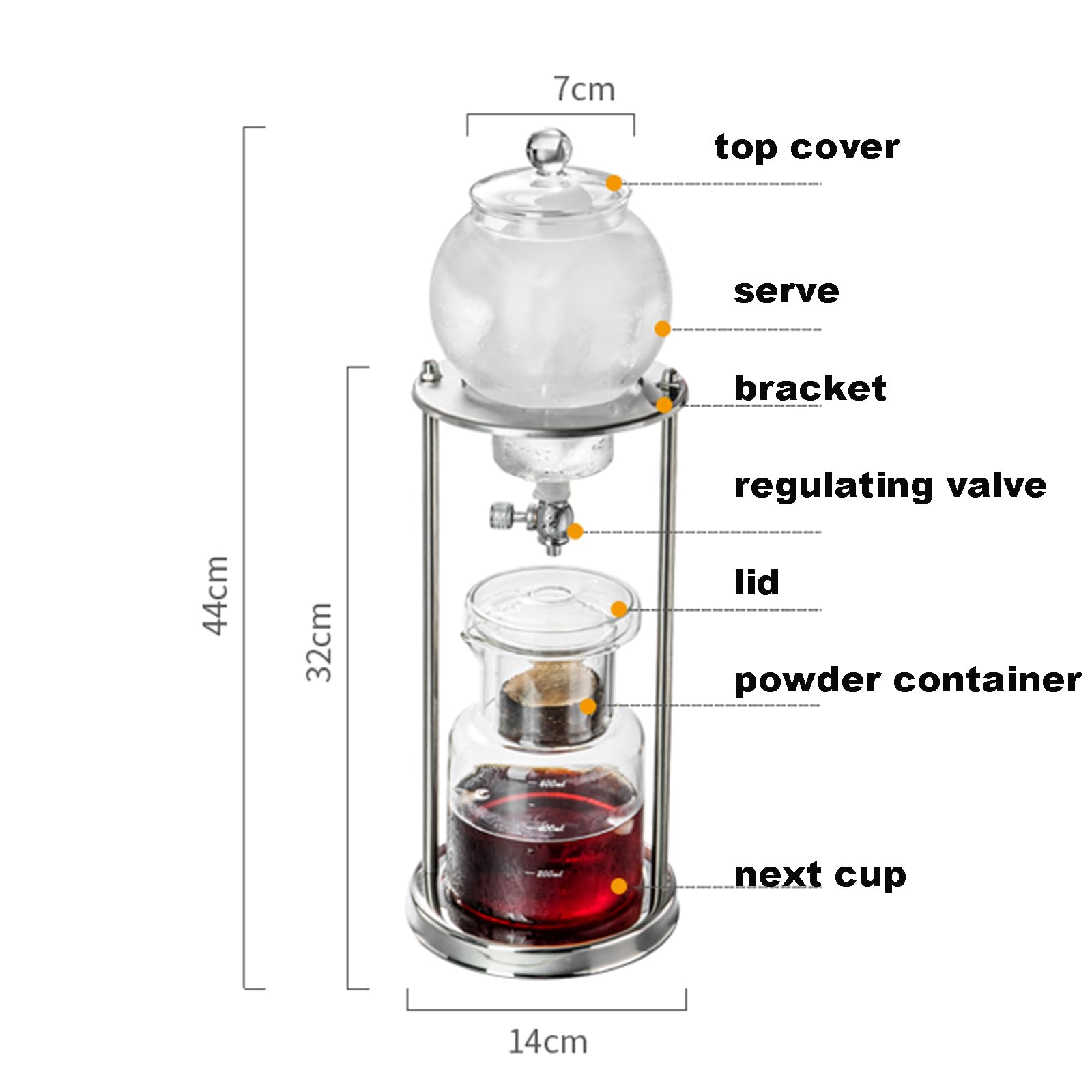 Caffettiera a goccia con ghiaccio da 600 ml, Caffettiera a goccia con ghiaccio freddo, 1-6 tazze, Valvola regolabile, Portapolvere in vetro borosilicato alto, Per casa, ufficio, bar, ristorante